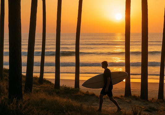 coucher de soleil surfeur pins