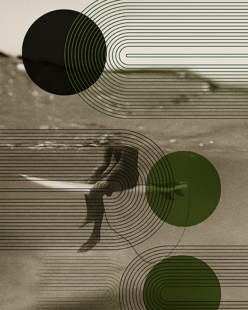 Dessin Surfeur assis : surfeur assis sur sa planche, arcs verts et cercles, tons sépia