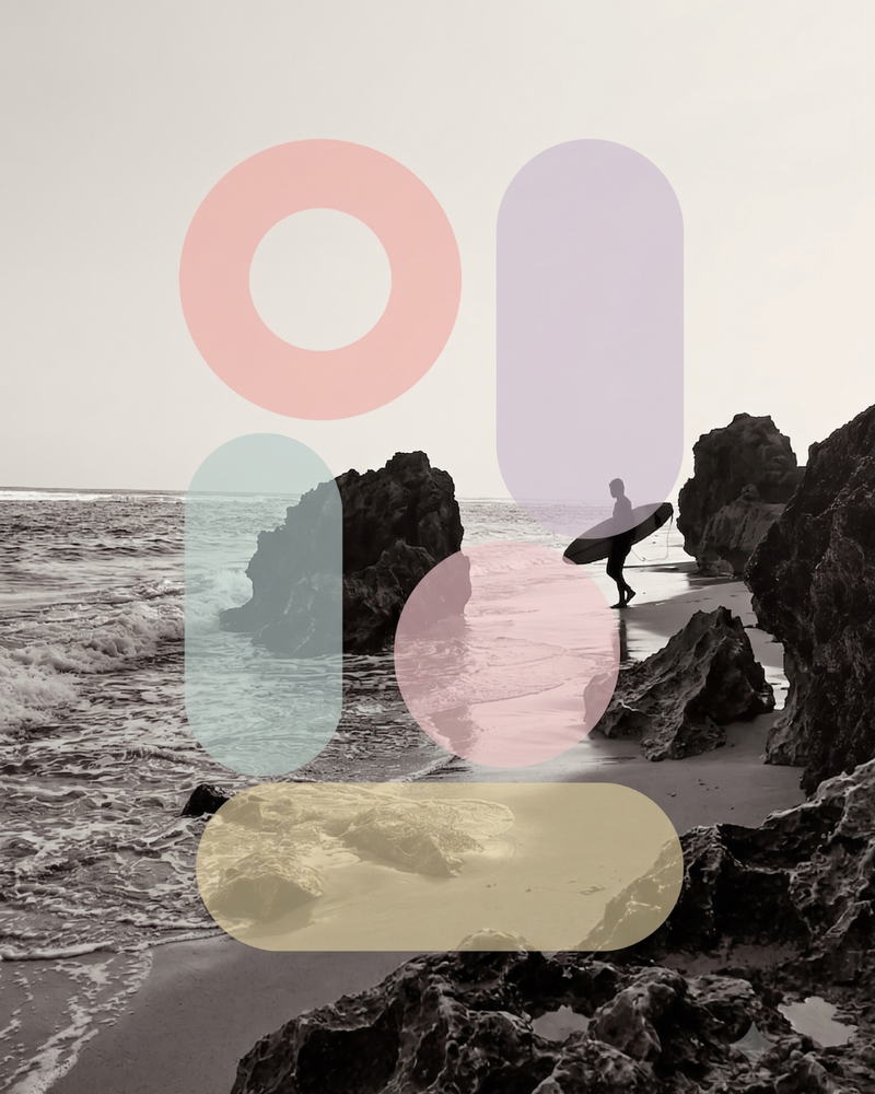 Dessin Surfeur on the rocks : surfeur entre les rochers, formes pastel
